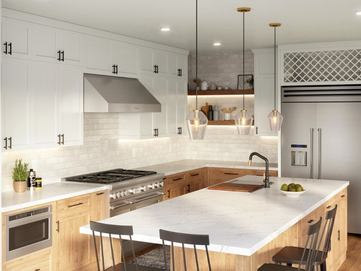 kitchen remodeling project with white cabinets, white countertop and wood colored bottom cabinets