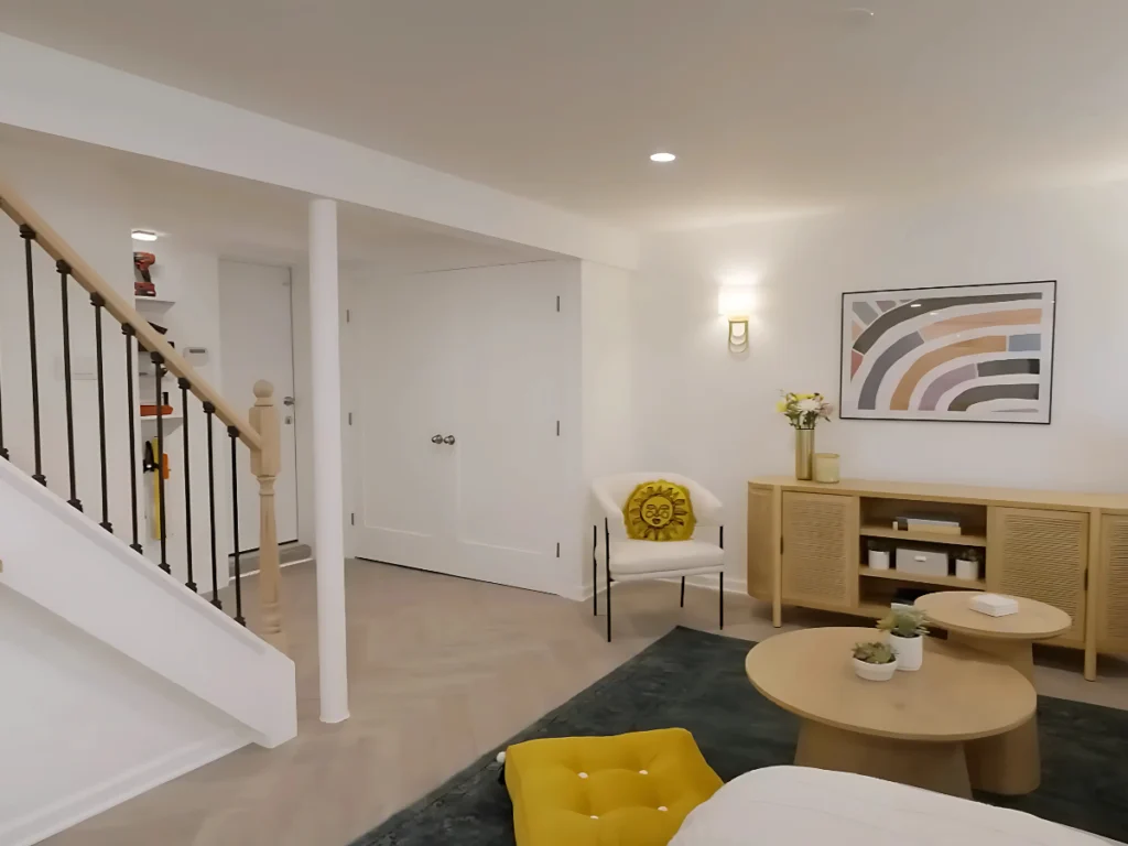 basement remodel showing custom built stairs and seating area