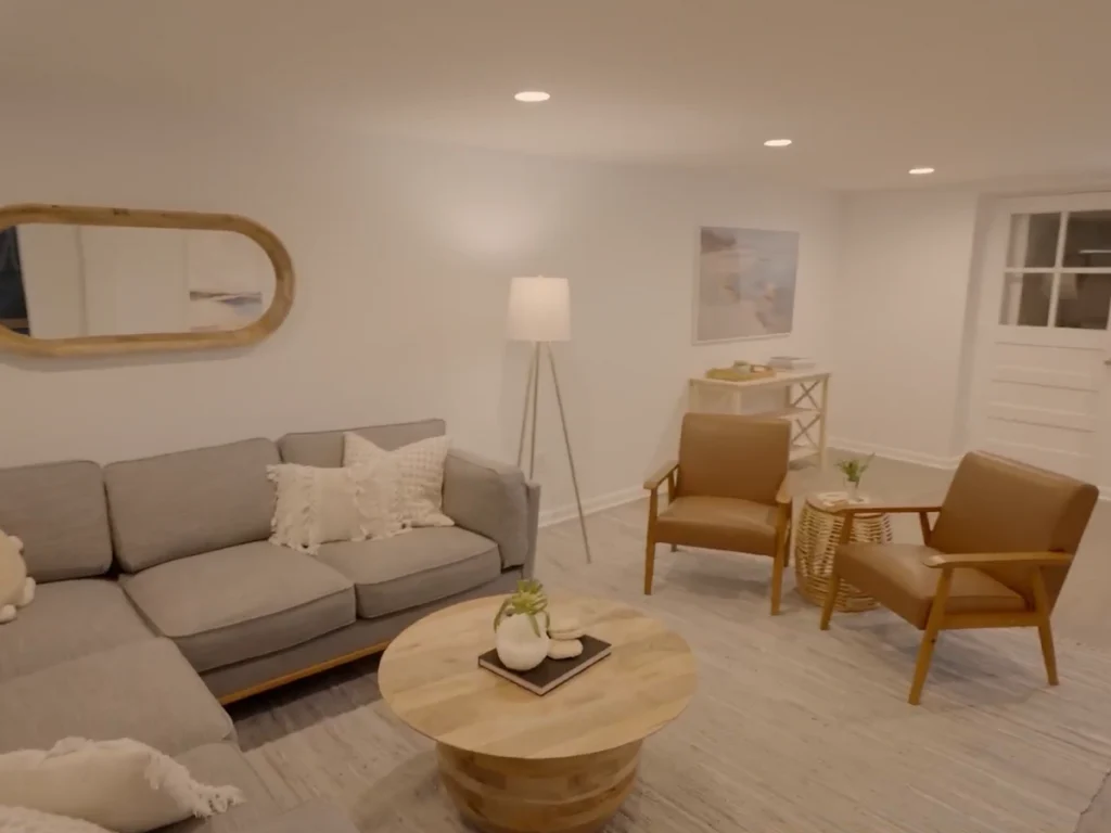 basement remodel showing seating area