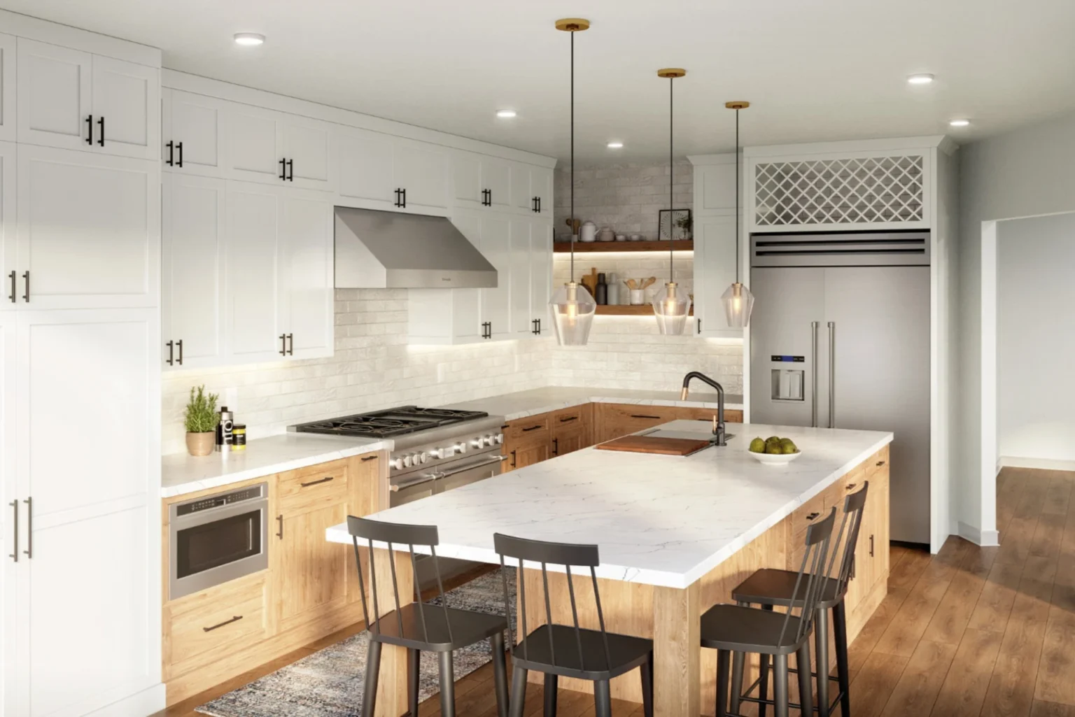 home remodel showing kitchen with a large white marble island, light wood lower cabinets, white upper cabinets, stainless steel appliances, pendant lights, and an open shelf decorated with kitchenware