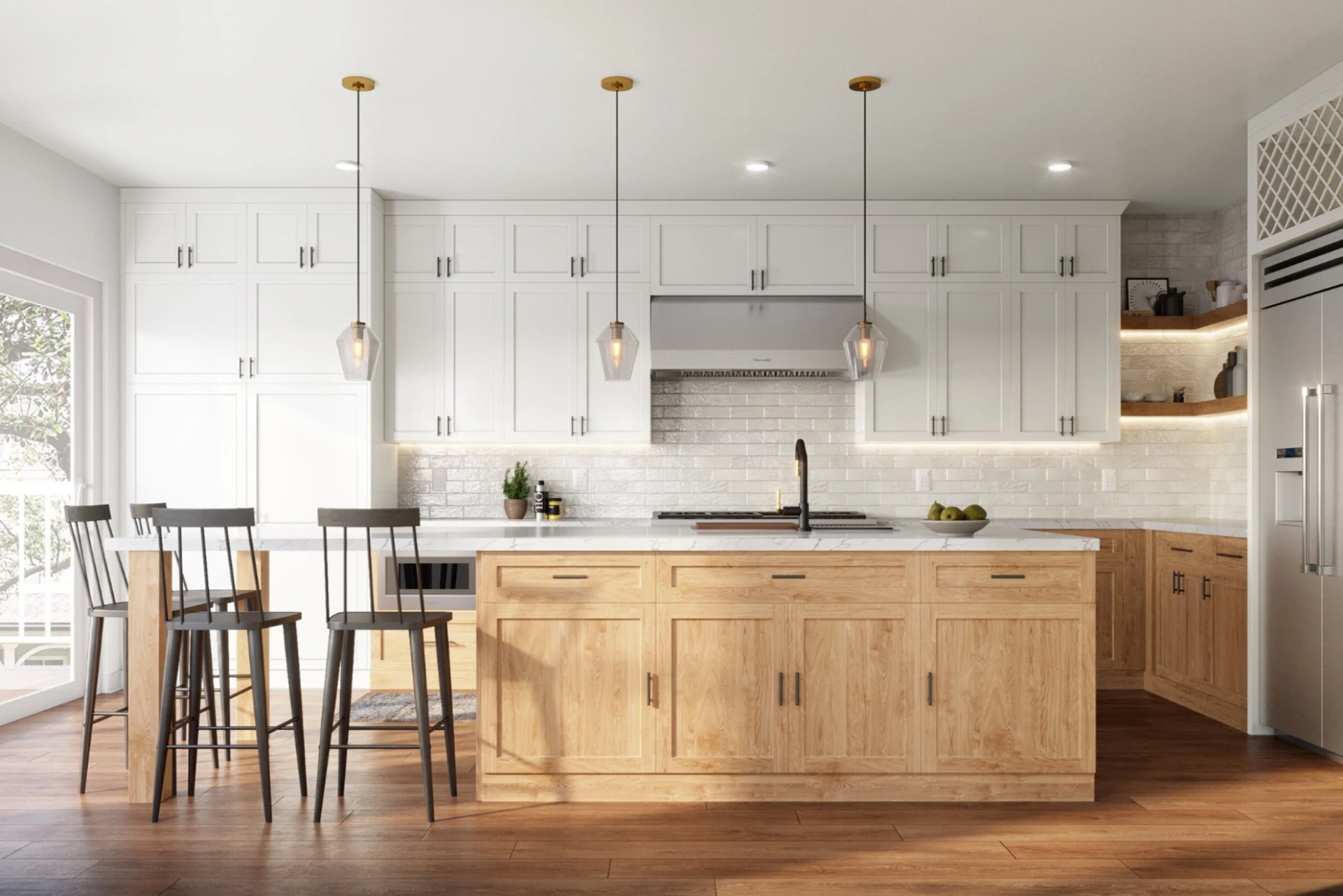 luxurious kitchen remodel with light wood island and white cabinets